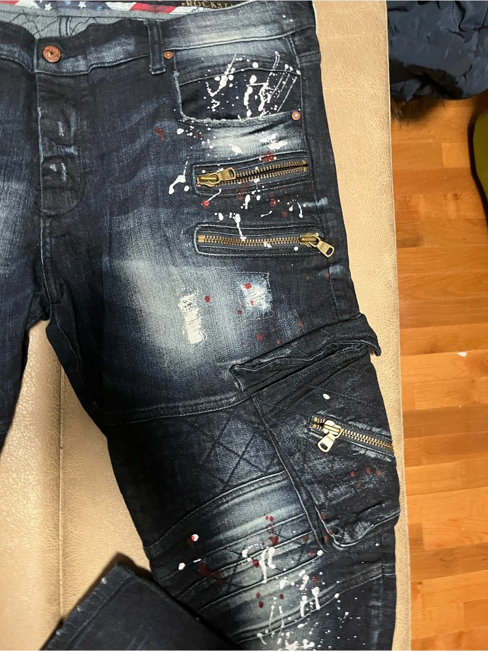 Rockstar Men's Dark Blue Distressed Paint-Splatter Jeans size 40